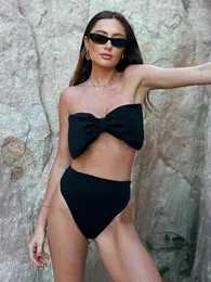 Kadın Mayo 2024 Seksi Yüksek Beled Bikini Set Mayo Kadın Strappy Solid Bandeau Bowknot Beach Giyim Mayo Takım