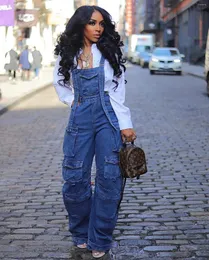 Kadın Kotları 2024 Kadın Katı Gevşek Vintage Harajuku Denim Tulum Yaz Moda Sokak Giyim Şık Cepleri Kolsuz Geniş Bacak Pantolon