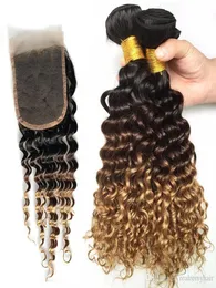 1b 4 27 cabelos ombre com fechamento Cabelo virgem brasileiro Deep Wave 3 Pactles com fechamento de renda 100 não processado Hair Hair300000033