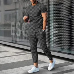 Mens Suit Tracksuit 2 -stycke Set Jogger Outfit 3D Tryckt vintage Streetwear Kort ärm T Shirtlong Pants Men Clothing 240416