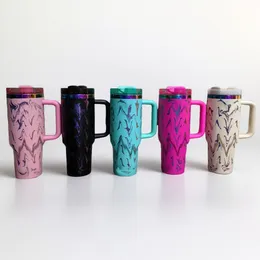 Designer 40oz Tumbler Tumbler con manico Rainbow Old Flower isolati a fiore Coperchi di coperchi paglia in acciaio inossidabile Termos Coppa con logo