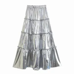 الفضة متدرسة مطوية معادن ، طلاء التدفق A-line ، شارع High Street Womens High مرنة Cake Midi Skirt for Street Party 240407