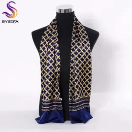 Bysifa Navy Blue Gold Plaid Men Silk Scarves Accessories Autumn Winter Male Pure Silk Long Scarves Cravat 160*26cm 240323