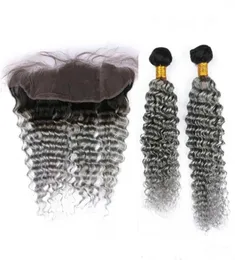 Deep Wave Brasilian Silver Grey Ombre Human Hair 2pcs Bunds With Frontal 3PCS Lot 1BGrey Ombre 13x4 Spets Front Stäng med W22003519