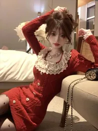 Vestidos casuais doces picantes garotas de renda de renda de pescoço quadrado vestido de malha mulheres moda moda gentil elástico esbelto ano sólido suéter embrulhado hip hop chic desgaste