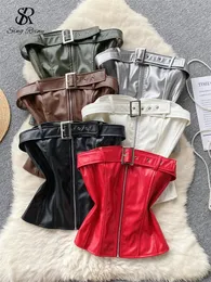 Singreiny Sitrapless Pu Leather Mini Tops for Women Chic Lackless Tank with Zipper Belt Slim Design Club Sexy Camisole 240415