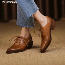 Vestido sapatos 2024 primavera/outono feminino oxfords mulheres de couro genuíno pontudo bombas de salto grossa