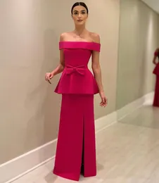 Elegant Long Crepe Fuchsia Prom Dresses With Bow Straight Bateau Neck Floor Length Party Dress Maxi Formal Evening Dresses for Women