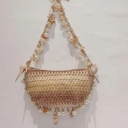 Totes Bohemian Pearls Straw Bag Conch Starfish Women Handväskor Half Moon Beach Shoul Designer Rattan Crossbody Bags Ladies Tote