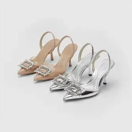 Klänningskor 2024 Summer Designer Silver High Heels Sandaler Kvinnor Rhinestone Square Buckle Pointed Toe Slingbacks Party Party