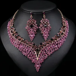 Rhinestone Bride Jewelry Sets for Women Luxury Purple Necklace Earrings Set Wedding Dress Costume Accessories 240401