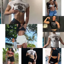 Top-Designerin weißer würziger Mädchenbrief Gymshark sexy enge und schlank Kurzarm Schlanker Fit Sport T-Shirt Topshorts, Herren- und Frauen Fitness Freizeit-Paar Shorts 27