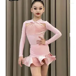 衣料品セット高度なバージョンラテンダンストレーニングドレス2024秋と冬の子供用の穏やかなピンクの長袖スーツ