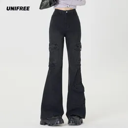 Jeans femininos unifree escuro e cinza vintage flee women alta cintura altas calças auto -cultivadas moda ladrinha de jeans reta