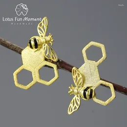 Gestüt Ohrringe Lotus Fun Moment 18k Gold Ungewöhnliche asymmetrische Wabe und Biene für Frauen echt 925 Sterling Silber Schmuck