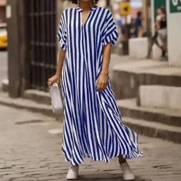 Lässige Kleider Frauen modisch gestreift, lange V -Hals vorne kurz Ärmel Maxikleid mit Seitenschlitz Comfy Ropa de Mujer