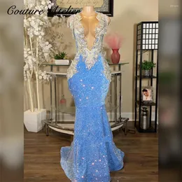 Partykleider Blau Samt Pailletten Silber Quasten Abschlussball für schwarze Mädchen Meeres Abend Hochzeit Afrikanische Vestido de Gala