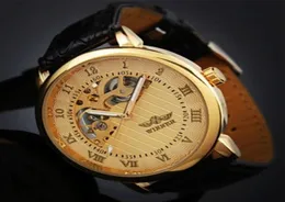 Relojes de Marca Hombre Lujo Winner Watch Men Gold Skeleton Hand Wind Mechanical Watchesレザーストラップカジュアル腕時計6830125