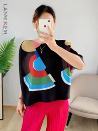 Women's T Shirts LANMREM Pleated Top Black 2024 Summer Three Quarter Batwing Sleeve Loose Round Neck Printed T-shirts For Female 2C2051