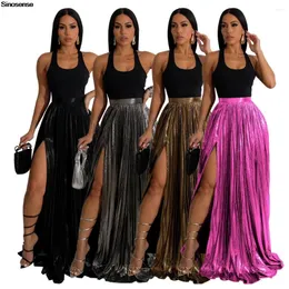 Skirts Women's Shiny Metallic Pleated Maxi Skirt Solid Color High Waist Split Long Flowy Swing A Line Night Out Club Party
