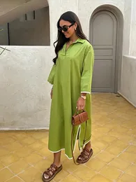 Roupas étnicas elegantes abaya womem solto lapela mangas compridas lateral robe feminino bordado contraste moda moda sólida vestido de decote em V senhora