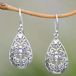 Dangle Earrings Vintage Silver Color Carved Dragonfly Drop Hook Simplicity Personality Water Droplet Hollow Spiral