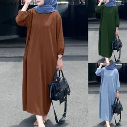 Etniska kläder 2024 Fashion Dubai Turkiet Abaya Hijab Muslim Solid Casual Maxi Dress for Women Elegant Loose Robe Femme Ramadan Islamic