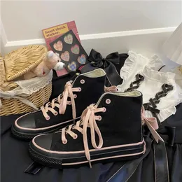 Повседневная обувь 2024 JK Girl Lolita High Top Black Bowknot Back Женщины холст кружевные ученики аниме -школьники бегут кроссовки