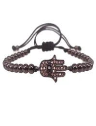 Charm Armband Fashion Men Hamsa Armband Black Round Beads Pave Setting Champagne CZ Connector Flätning Macrame Armband för M7670759