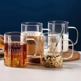 Mugs Good Morning Glass Mug Coffee Milk Breakfast Cup Tumbler with Handle Transparent Drinkware Household Gift for Children Set 240417