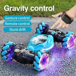Diecast Model Cars Stunt RC car with LED lights childrens 4WD 1 16 gesture sensing deformation twisting climbing remote control car electronic toy J240417