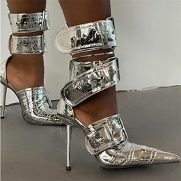 Sandali in denim in metallo fibbia sandali argento sandali donne in stile punk sexy punk metal cavo 12 cm tacchi alti dimensioni 34-43 scarpe da donna j240416