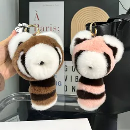 Niedliche echte echte Kaninchenfell Waschbär Keychain Pompom Ballbeutel Charme Anhänger Auto Telefon Keyring Kinder Puppenspielzeug Geschenk