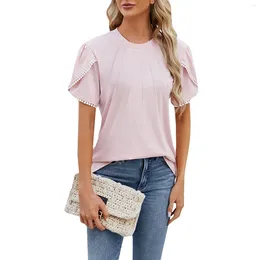 Kvinnors T-skjortor Solid Color Round Neck Drawstring Pearl Petal Sleeve Ruched Top Fashionable and Simple Women's Clothing T-Shirts