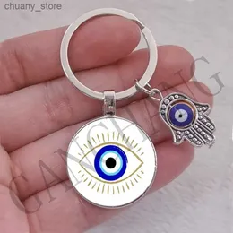 Chavesinhos coranos azuis turcos e mal o olho criativo Kichain Hamsa Símbolo Handchain Evil Nazar Eye Charms Key Ring Jewelry for Gift Y240417