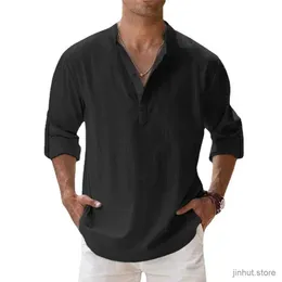 T-shirt maschile nuove camicie in lino di cotone per uomini camicie casual a maniche lunghe a maniche lunghe Henley Beach Shirts Hwaiian Thirts for Men Streetwear