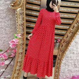 Etniska kläder maxi klänning kvinnor lång ärm hög midja stor sväng abaya trend tryckt muslimsk polka dot lös och elegant islamisk