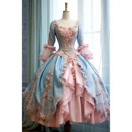 Quinceanera Tea Length Dresses 3D Lolita Flowers Appliques Long Sleeves Princess Light Sky Blue And Pink Prom Special Ocn Dress For Women Girls 2024