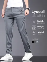 Oussyu marka bahar yaz yumuşak streç lyocell kumaş erkek gündelik pantolon ince ince elastik bel iş gri pantolon erkek 240408