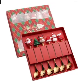 Set di stoviglie Tinysiry Holiday Dessert Spoon Fork Set di stoviglie di Natale Testa in acciaio inossidabile Decorazione di superficie liscia