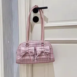 Totes Xiuya Pink Elegant Womens Shoulder Bag Plaid Bow Vintage Leather Cute Handbag Casual Sweet Exquisite Armpit