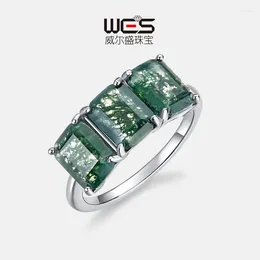 Кластерные кольца минималистские и атмосферные натуральные зеленые мохи Каменное кольцо S925 Серебряная вода Агат с европейским американским стилем