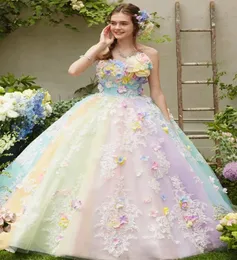 Doces Pastel Rainbow A Line Vestidos de noiva 2022 Aplique Floral Aplique 3D sem alças Trem vestido de novia para boda civil8331317