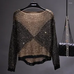 Maglioni femminili Europa e Stati Uniti sono paillettes Hollow-out set a maglia sciolta di collare rotondo a maniche lunghe a maniche lunghe con cima