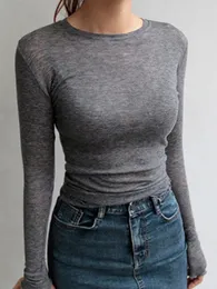 Camiseta simples de alta qualidade feminina elástica de algodão Basic tshirts fêmeas casuais tampos de manga longa Sexy thin tshirt Veja através de 240403