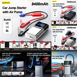 New Buwei تم ترقيته للسيارات قفز مضخة Power Power Bank Lighting Portable Air Compressor Cars بطارية Starters Auto Iatiater