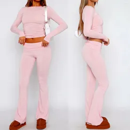 Kvinnors tvåbitar byxor Sexig yoga flare Crop Top Set Autumn Casual Slim Fit 2 Suit Fiting Wide Leg Pant