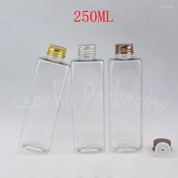 Lagringsflaskor 250 ml Transparent fyrkantig plastflaska Aluminiumskruvkapp 250cc Badskum Vätska / schampoförpackning (28 PC / LOT)
