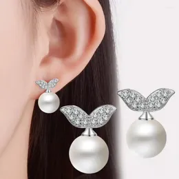 Stud Earrings Trendy Style Plant Leaf Zircon Silver Plated Simple Fishtail Pearl Fashion Female Jewelry