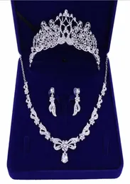 Romantic Beaded Crystal Three Pieces Bridal Jewelry sets Bride Necklace Earring Crown Hair Tiaras Wedding Party Accessories Cheap3489902